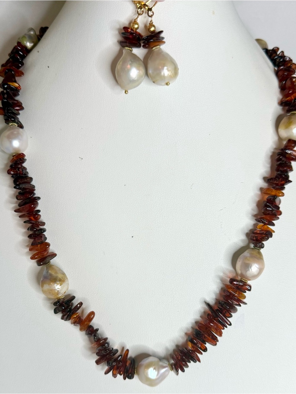 Pearl Drop Necklace with Amber Chip Accents